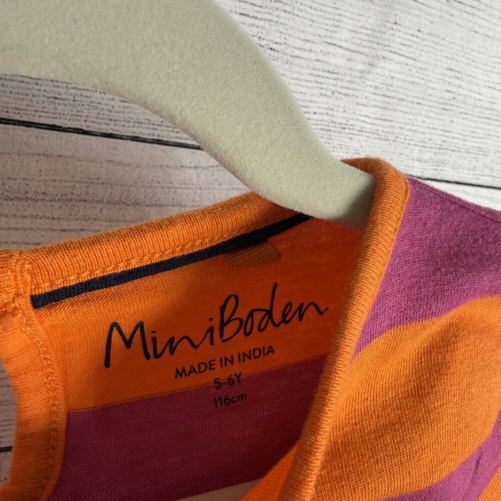 Mini Boden Orange Pink Striped Long Sleeve Dress Cat Applique Sz 5-6 - Picture 2 of 8